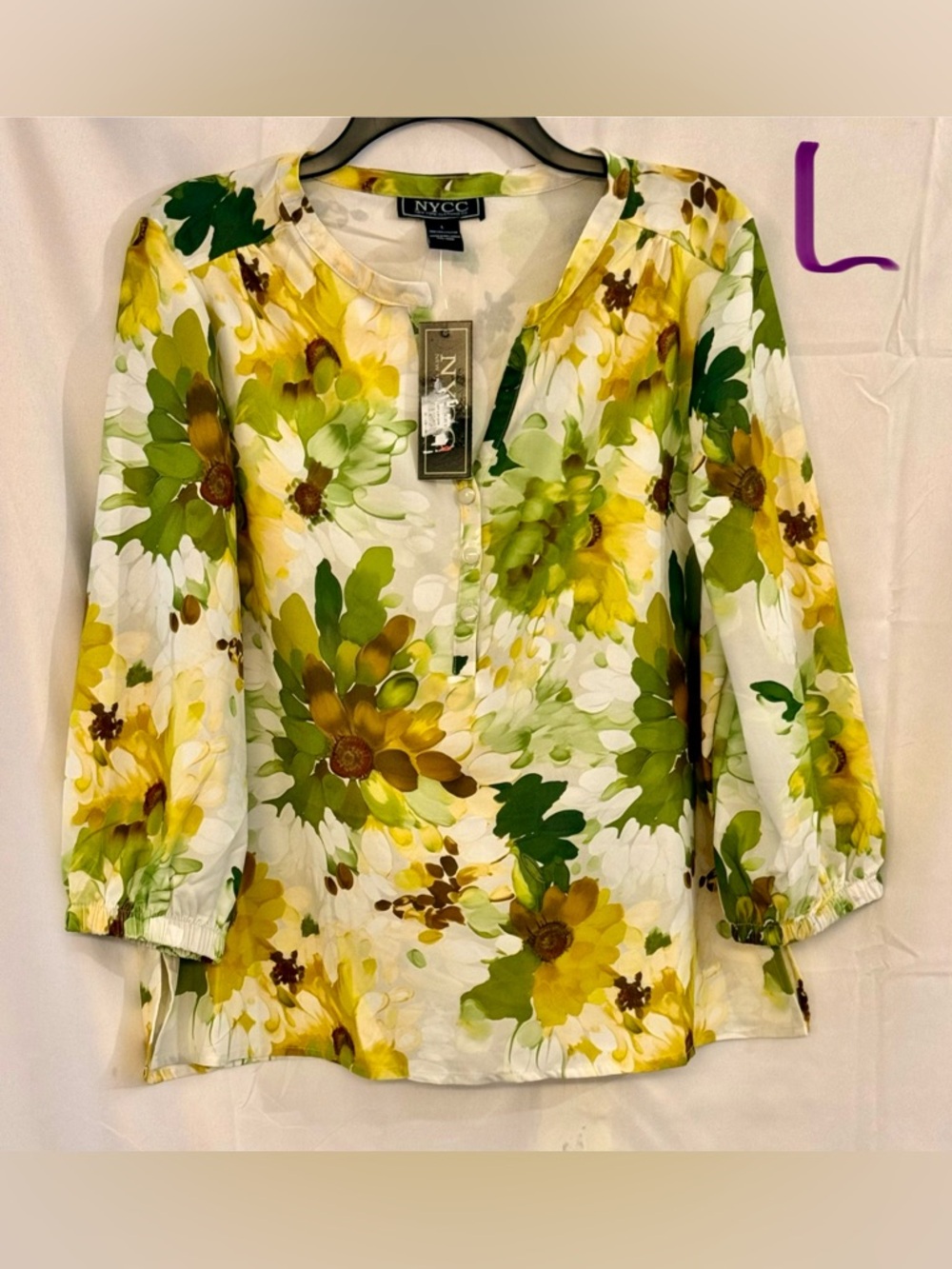 NY&C Floral Henley Blouse in White with Yellow & Green Floral Print